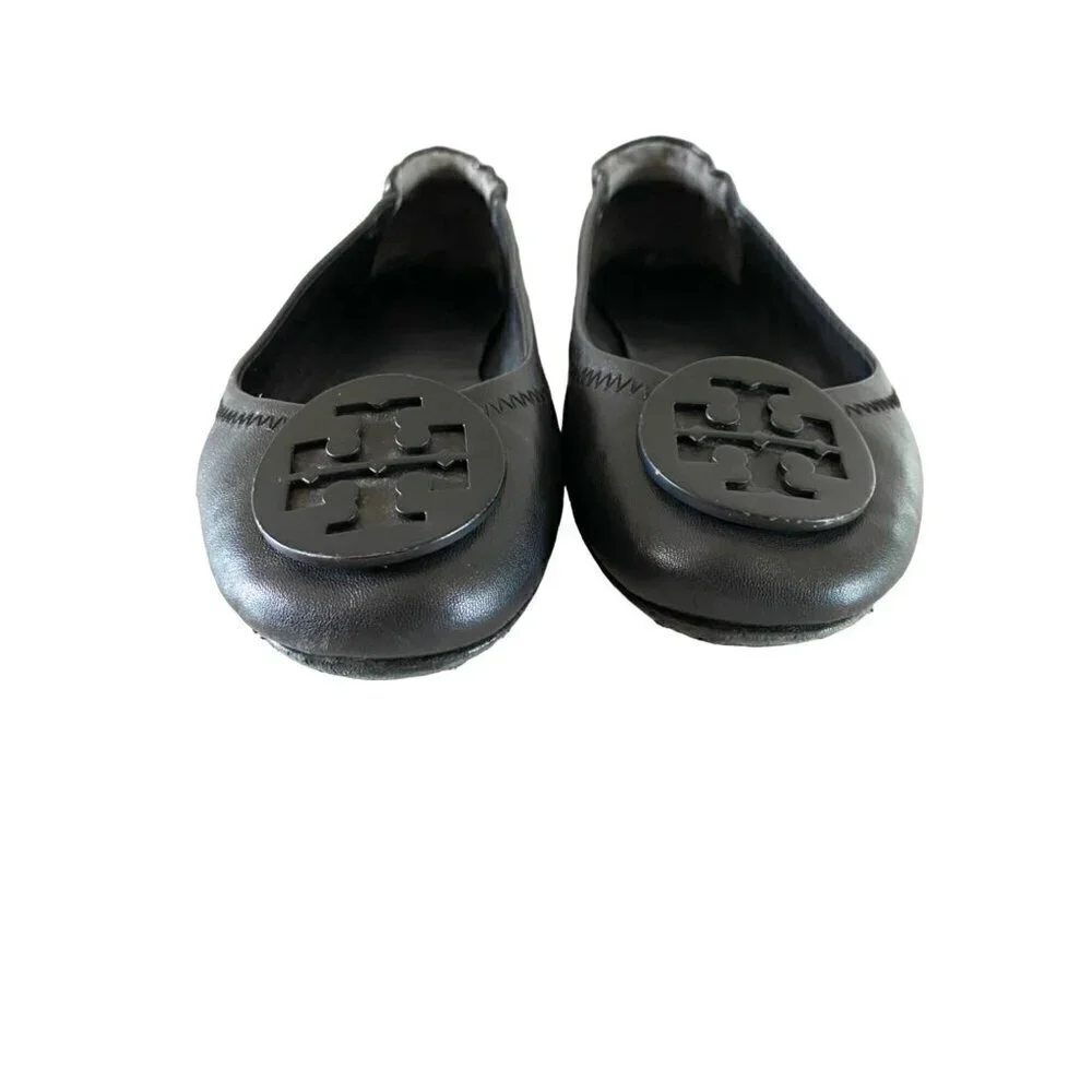 Tory Burch Minnie Travel Ballet Flats 6.5 Black Napa Leather Logo Shoes‎